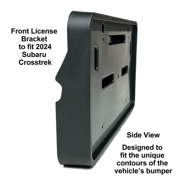 Diagonal View showing unique contours to fit snugly around your vehicle's bumper: Front License Bracket CT-24-FP   to fit all models of 2024  Subaru Crosstrek (but NOT Wilderness Edition)  custom designed and manufactured by C&C CarWorx